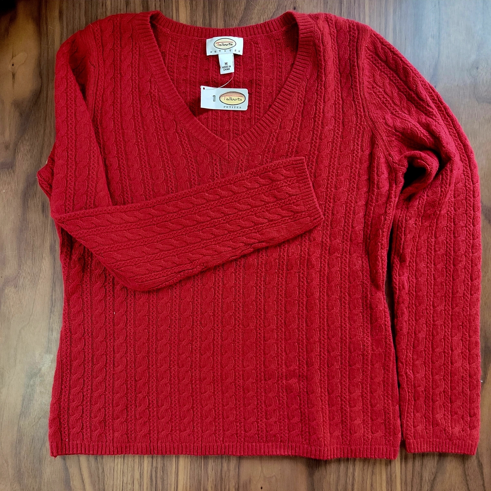 Talbots Red V-Neck Wool-Angora-Cashmere Blend Sweater with Cable Knit Design